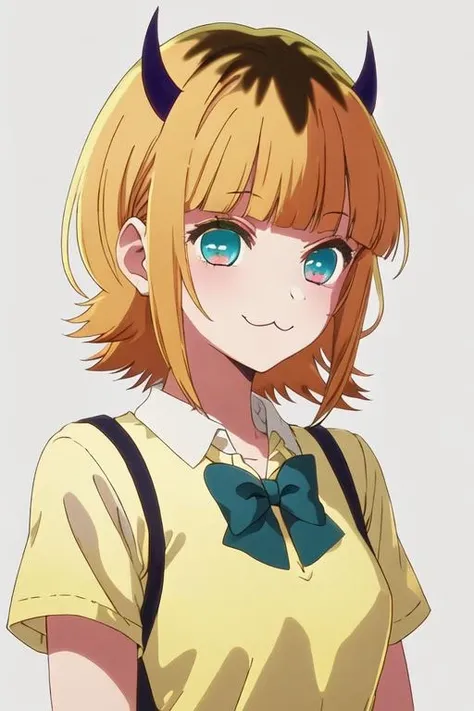 best quality, masterpiece, highres, solo, {mem_oshinoko:1.15}, bangs, short_hair, blonde_hair, blunt_bangs, horns, :3, smile, multicolored_hair, blue_eyes, 1girl, aqua_eyes, brown_hair, shirt, upper_body, yellow_shirt, green_eyes, closed_mouth, grey_background, simple_background, two-tone_hair