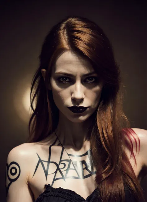 sks woman, (dark:1.4), deep shadow, darkness, (moonlight:1.3), award winning photo, extremely detailed, amazing, fine detail, absurdres, highly detailed woman, extremely detailed eyes and face, piercing red eyes, detailed clothes, skinny, (gothic), twintails, bangs, frills, skirt,red hair, by lee jeffries, nikon d850 film, stock photograph, 4 kodak, portra 400 camera f1.6 lens, rich colors, hyper realistic, lifelike texture, dramatic, lighting, unrealengine, trending on artstation, cinestill 800 tungsten, Style-Neeko, (facial clarity:1.5),(transparent clothes:1.1),anatomical, (tattoo:1.1), <lora:locon_marisha_v1_from_v1_64_32:1.25>