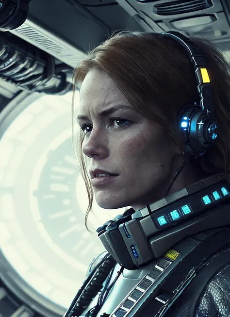 close up photo of sks woman, rugged space trucker, inside industrial spaceship, futuristic science fiction, action scene, digital concept art, realistic, intricate detailed textures, filmic, cinematic, environmental character portrait, <lora:locon_marisha_v1_from_v1_64_32:1.25>