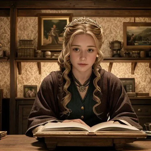 (Masterpiece: 1.2, Best Quality), Realistic, (Realistic Picture, Complex Details, Depth of Field), Best Quality, Masterpiece, Highly Detailed, Semi Realistic, 1 Girl, Mature Female, 21 Years Old, Blond Hair, Shoulder length Short Hair, Left Eye Covered with Hair, Blue Eyes, King's Clothes, Red Cloak, Slim Figure, Crown Made of Precious Gold, Reading Documents, Marking Documents, Goose Hair Pen, Office Table, Soft Bench, Palace, In the palace, during the Middle Ages