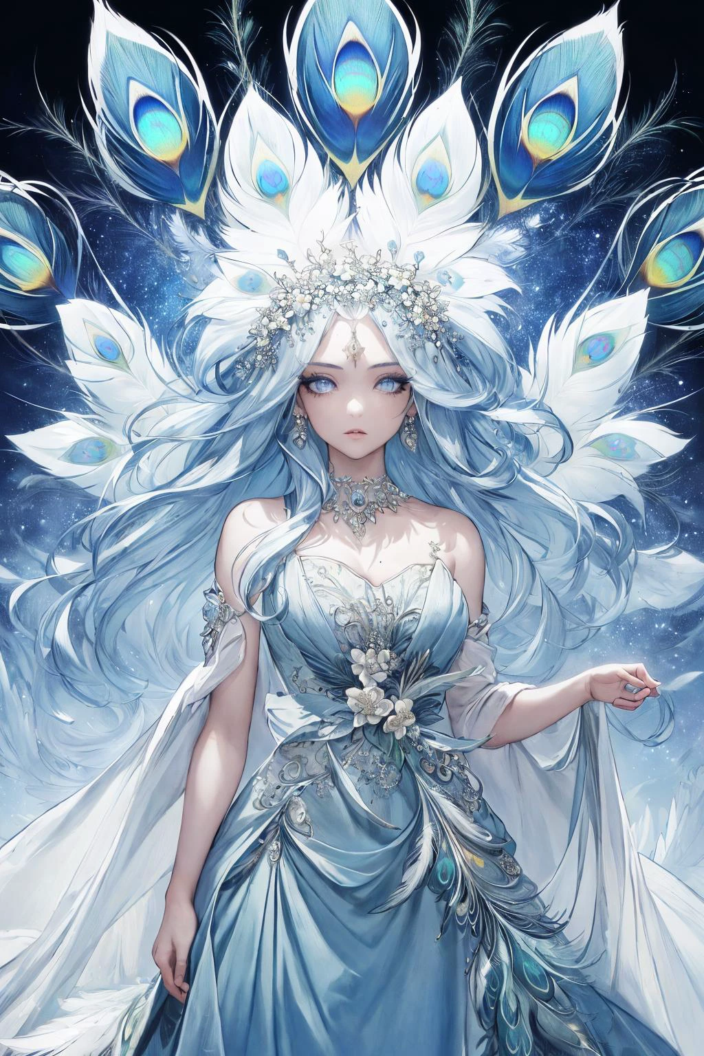 , ((best quality)), (((masterpiece))), (highres), original, extremely detailed 8K wallpaper, (an extremely delicate and beautiful girl with peacock blue gorgeous dress, many feathers,blue eyes,),((best quality)),(spirit),((illustration)),(beautiful detailed eyes:1.1),depth of field,The lens,good lighting,(partial skin exposure:1.2),(oily skin:1.3),(reflective skin:1.1),full body <lora:MuchaV2:0.5> <lora:SilvermoonMix06:1>
