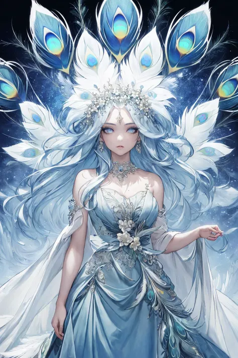 , ((best quality)), (((masterpiece))), (highres), original, extremely detailed 8K wallpaper, (an extremely delicate and beautiful girl with peacock blue gorgeous dress, many feathers,blue eyes,),((best quality)),(spirit),((illustration)),(beautiful detailed eyes:1.1),depth of field,The lens,good lighting,(partial skin exposure:1.2),(oily skin:1.3),(reflective skin:1.1),full body <lora:MuchaV2:0.5> <lora:SilvermoonMix06:1>