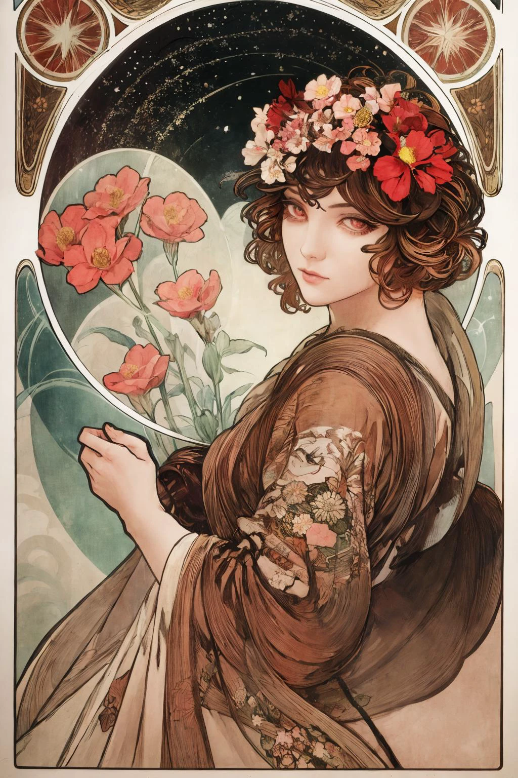 (art nouveau:1.25), Maximalism artstyle,neon theme,suprematism,beautiful detailed flower, beautiful detailed eyes,hyper detailed,flower,hyper quality,,eyes,flower and hair is same color,beautifuly color,face,her hair is becoming flower, flower,hair,flower,butterfly,,1girlkawaii,,high details, high quality,back light,hair and clothes is flower,upper body ,high quality,hair with body ,webbed dress, upper body, flower leg, flower hands,body with flower,    flower with clothes , dress with flower, , light particles,black background,  Hair with flower,small breast with flower,floating hair with flower,floating1girl,small breast,  marbling with hair and clothes, looking at viewer,original,arm down, paper cutting, black background, flower forground,  hair with flower,highres, hair with  flower,hair with flower ,hair,  wavy hair ,diffusion lighting, abstract,Butterfly with  body,   flower with hair, her hair is flower,big top sleeves, floating,pupils, [[hair over one eye]],dark <lora:MuchaV2:0.9> <lora:SilvermoonMix06:1>