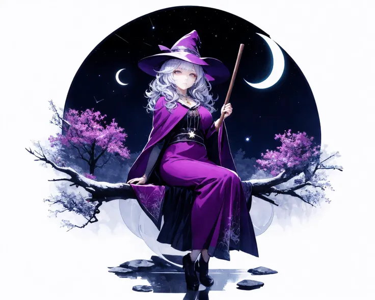 (white background:1.5), 1 girl, mid shot, full body,
<lora:GachaSplash4:1:GachaFull>  <lora:MuchaV2:0.9>  <lora:SilvermoonMix06:1>
solo, watercolor, purple theme, witch, sitting, gentle breeze, detailed sky, detailed eye, side blunt bangs, hairs between eyes, close to viewer, flying splashes, flying petals, wind, young adult, purple hair, long wavy hairstyle, silver hair accessory, purple eyes, almond-shaped eyes, serene expression, average breast size, purple witch hat, black wide-brimmed hat, purple cloak, flowing fabric, stars pattern, crescent moon pendant, purple dress, floral print, ankle-length, silver jewelry, magical staff, moon-shaped gemstone, night sky background, twinkling stars, full moon, misty clouds, silhouettes of trees, owl perched on a branch, book of spells, glowing purple runes, crystal ball, purple smoke, sparkles, enchanted forest, moonlit path, glowing mushrooms, potion bottles, bubbling cauldron, broomstick, flying silhouette of a bat, castle silhouette, moonlit lake, reflection of the moon, shooting stars, mystical aura