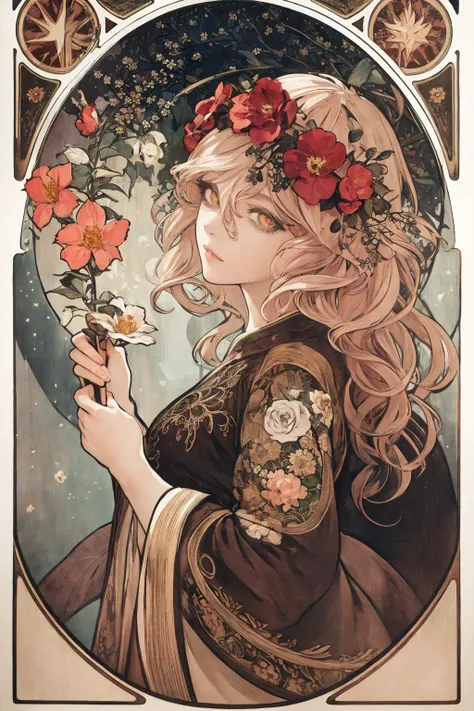 (art nouveau:1.25), Maximalism artstyle,neon theme,suprematism,beautiful detailed flower, beautiful detailed eyes,hyper detailed,flower,hyper quality,,eyes,flower and hair is same color,beautifuly color,face,her hair is becoming flower, flower,hair,flower,butterfly,,1girlkawaii,,high details, high quality,back light,hair and clothes is flower,upper body ,high quality,hair with body ,webbed dress, upper body, flower leg, flower hands,body with flower,    flower with clothes , dress with flower, , light particles,black background,  Hair with flower,small breast with flower,floating hair with flower,floating1girl,small breast,  marbling with hair and clothes, looking at viewer,original,arm down, paper cutting, black background, flower forground,  hair with flower,highres, hair with  flower,hair with flower ,hair,  wavy hair ,diffusion lighting, abstract,Butterfly with  body,   flower with hair, her hair is flower,big top sleeves, floating,pupils, [[hair over one eye]],dark <lora:MuchaV2:0.7> <lora:SilvermoonMix06:1>