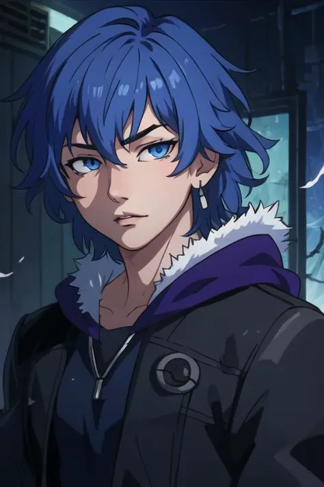 masterpiece, best quality, photorealistic, 1boy, solo, male focus, looking at viewer, upper body, depth of field, <lora:ayato_kirishima:0.72>, ayato_kirishima, blue hair, blue eyes, gothic costume, time travel,