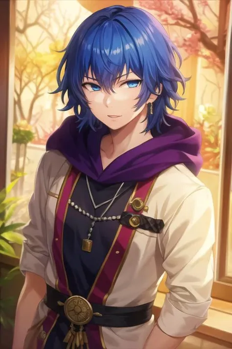 masterpiece, best quality, , 1boy, solo, male focus, looking at viewer, upper body, , <lora:ayato_kirishima:0.70>, ayato_kirishima, blue hair, blue eyes, , , aztec,