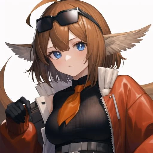 (masterpiece, best quality:1.2),absurdres,highres,1girl,solo,upper body,(portrait:1.2),aciddrop (arknights),ahoge,bangs,black footwear,black gloves,blue eyes,brown hair,black shorts,eyewear on head,head wings,knee pads,long hair,long sleeves,looking at viewer,neckerchief,orange neckwear,red jacket,shoes,sunglasses,thigh strap,white belt,<lora:Aciddrop(ark)>,