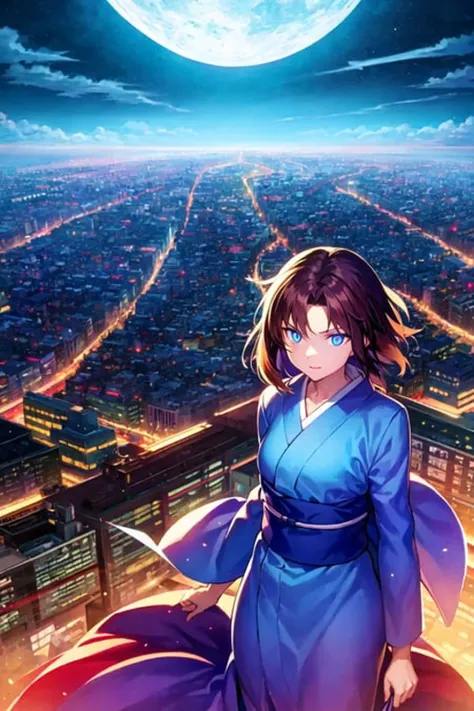 best quality, best illustration, 1girl, ryougi shiki, glowing eyes, red jacket, blue kimono, obi, cityscape, scenery, night sky, night