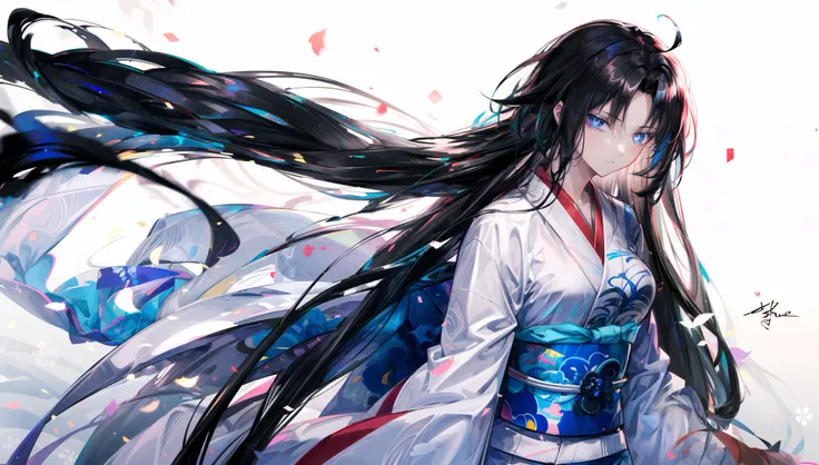 1girl, (shiki:1.2), mature female, women, adult, blue eyes, glowing eyes, disdain, disgust, parted hair, (very long hair:1.1), very long black hair, long hair, 4k, best quality, highres, , white kimono, obi, ,<lora:RyougiShikiV2:0.8>, <lora:more_details:0.7>, wallpaper,