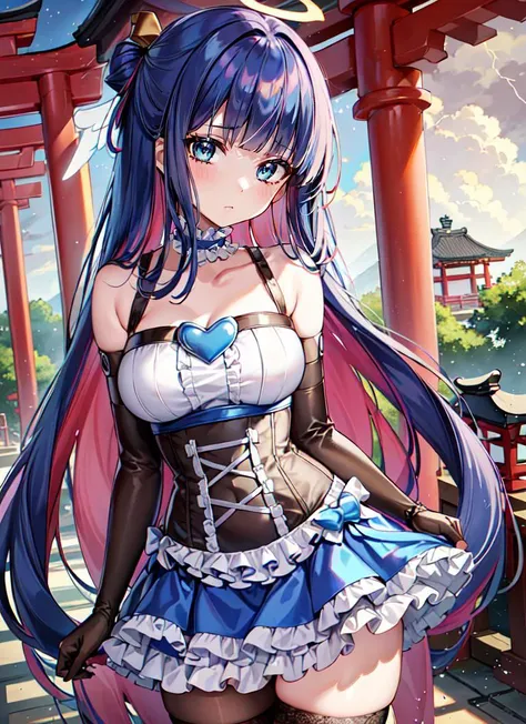 ((best quality)), ((highly detailed)), masterpiece, extremely detailed face, beautiful face, , <lora:more_details:.2>, (1girl), multiple views, cowboy shot, very wide shot, <lora:PSG_Stocking-V2:.65>, anarchystocking, blunt bangs, very long hair, colored inner hair, blue eyes, makeup, medium breasts, halo, angel wings, choker, elbow gloves, corset, heart ornament, exposed shoulder, frilled skirt, (outside, at a Japanese temple, torii, stone lanterns, afternoon, thunder storm)