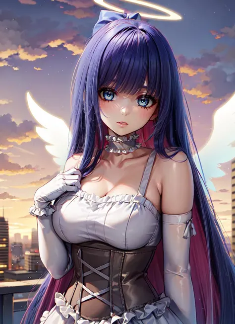 ((best quality)), ((highly detailed)), detailed face, beautiful face, , (1girl), upper body, <lora:hairdetailer:1>, <lora:PSG_Stocking-V2:.65>, anarchystocking, blunt bangs, very long hair, colored inner hair, blue eyes, makeup, large breasts, halo, angel wings, choker, white elbow gloves, corset, heart ornament, exposed shoulder, frilled skirt, (outdoors, in a city, sunset, cloudy)