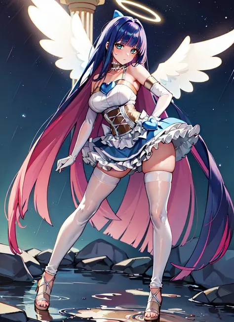 ((extreme detail)),(ultra-detailed), extremely detailed CG unity 8k wallpaper, best quality, <lora:Stocking-PSG:0.7>anarchy stocking, off shoulder corset dress, white striped thighhighs, hair bow, hand on hip, angel wings, from below, cowboy shot, heaven, clouds, disgusted,