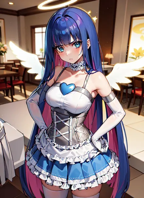((best quality)), ((highly detailed)), masterpiece, , (1girl), angry, hands on hips, <lora:PSG_Stocking-V2:.7>, anarchystocking, blunt bangs, very long hair, colored inner hair, blue eyes, makeup, medium breasts, halo, angel wings, choker, white elbow gloves, corset, heart ornament, exposed shoulder, frilled skirt, (inside, at a dining room)