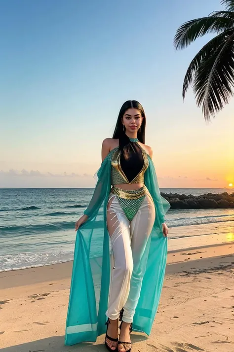 photography, scene, DV_The_Final_Vicious, wearing a sari, tropical beach, golden hour