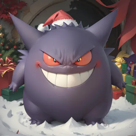 ((masterpiece,best quality, Christmas, santa hat)), (Gengar wearing santa hat), christmas, tree, presents, santa hat, black sclera, colored sclera, evil grin, evil smile, full body, gengar, grin, letterboxed, looking at viewer, no humans, pokemon \(creature\), red eyes, sharp teeth, smile, solo, teeth, Gengar_Pokemon, no humans, pokemon \(creature\), <lora:Gengar_Pokemon_v2_Anime:0.8>, snow, holiday, decorations