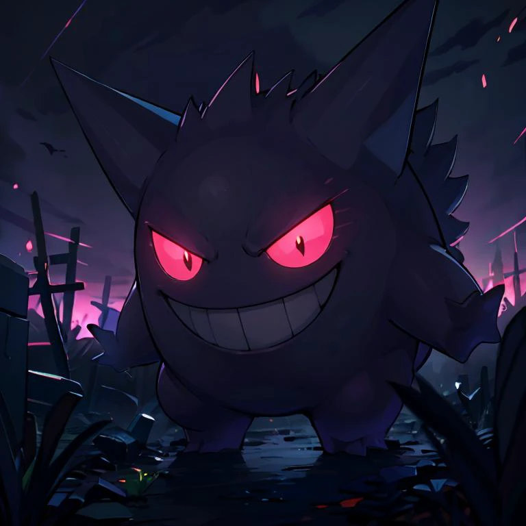 ((masterpiece,best quality)), absurdres, <lora:Gengar_v4:0.8>, gengar, no humans, gengar, :d, creatures (company), game freak, gen 1 pokemon, glowing, glowing eyes, kaosu (kaosu0905), nintendo, no humans, open mouth, pink eyes, pokemon, pokemon (creature), smile, solo, teeth, graveyard, dark theme, bokeh, depth of field, cinematic composition,