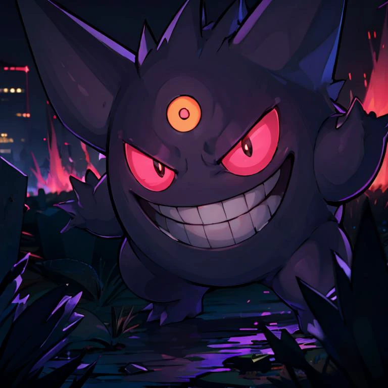 ((masterpiece,best quality)), absurdres, <lora:Gengar_v4:0.8>, gengar, no humans, gengar, :d, creatures (company), game freak, gen 1 pokemon, glowing, glowing eyes, kaosu (kaosu0905), nintendo, no humans, open mouth, pink eyes, pokemon, pokemon (creature), smile, solo, teeth, graveyard, dark theme, bokeh, depth of field, cinematic composition,