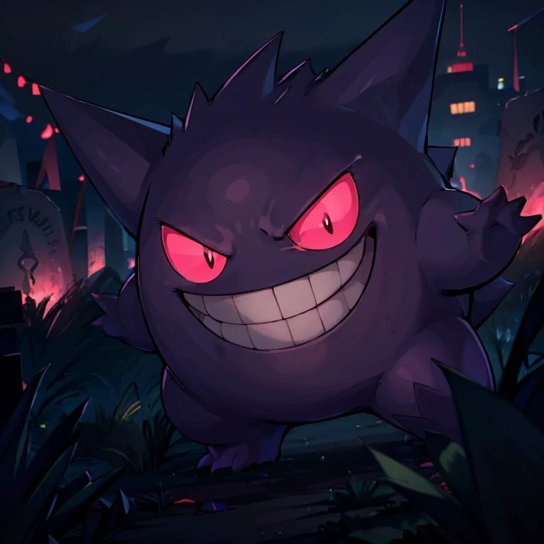 ((masterpiece,best quality)), absurdres, <lora:Gengar_v4:0.8>, gengar, no humans, gengar, :d, creatures (company), game freak, gen 1 pokemon, glowing, glowing eyes, kaosu (kaosu0905), nintendo, no humans, open mouth, pink eyes, pokemon, pokemon (creature), smile, solo, teeth, graveyard, dark theme, bokeh, depth of field, cinematic composition,