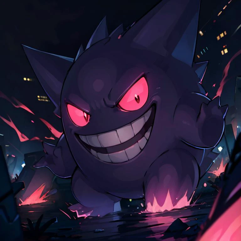 ((masterpiece,best quality)), absurdres, <lora:Gengar_v4:0.8>, gengar, no humans,  gengar, :d, creatures (company), game freak, gen 1 pokemon, glowing, glowing eyes, kaosu (kaosu0905), nintendo, no humans, open mouth, pink eyes, pokemon, pokemon (creature), smile, solo, teeth, graveyard, dark theme, bokeh, depth of field, cinematic composition,