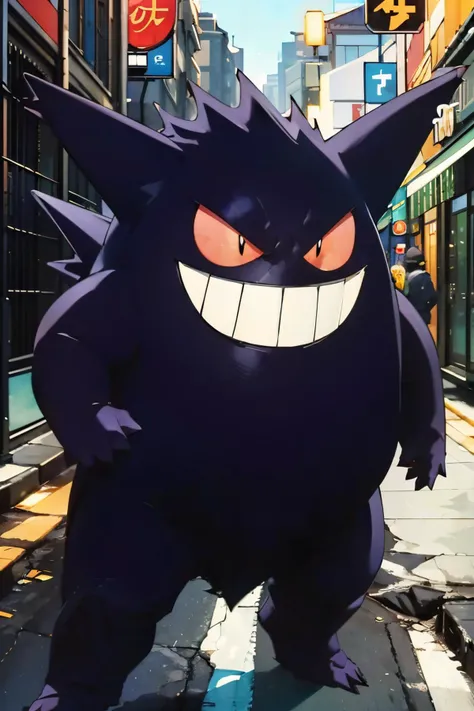 Gengar_Pokemon,pokemon \(creature\), looking at viewer, evil grin, standing, outside, parking lot, shopping center, night, extreme detail,masterpiece, <lora:Gengar_Pokemon_v2_Anime:.9>