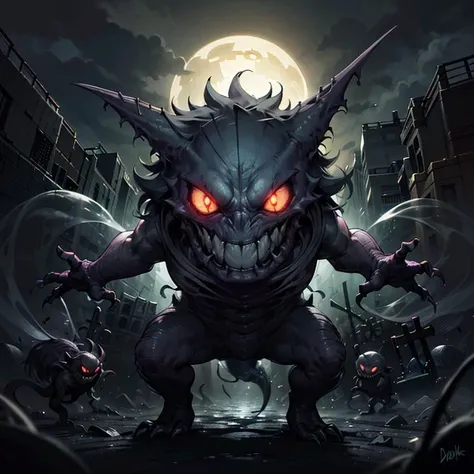 dread, centered, award winning photo, (looking at viewer:1.2), | evil grin, Gengar_Pokemon, solo, no humans, pokemon \(creature\), smile, dynamic pose, | graveyard, dark theme, | bokeh, depth of field, cinematic composition, | terrifying, haunting, ghost, dreadful, scary, deranged, nightmarish, ghouls and souls oozing in background, spirits floating in the sky, spooky, paranormal, <lora:Gengar_Pokemon_v2_Anime:0.6>