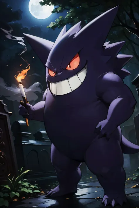 Gengar_Pokemon,pokemon \(creature\), looking at viewer, evil grin,standing, in a misty graveyard, holding a cigarette, smoke, night, full moon,   extreme detail,masterpiece, <lora:Gengar_Pokemon_v2_Anime:.7>