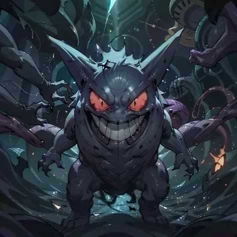 dread, centered, award winning photo, (looking at viewer:1.2), | evil grin, Gengar_Pokemon, solo, no humans, pokemon \(creature\), smile, dynamic pose, | graveyard, dark theme, | bokeh, depth of field, cinematic composition, | terrifying, haunting, ghost, dreadful, scary, deranged, nightmarish, ghouls and souls oozing in background, spirits floating in the sky, spooky, paranormal, <lora:Gengar_Pokemon_v2_Anime:0.6>