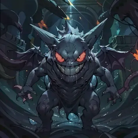 dread, centered, award winning photo, (looking at viewer:1.2), | evil grin, Gengar_Pokemon, solo, no humans, pokemon \(creature\), smile, dynamic pose, | graveyard, dark theme, | bokeh, depth of field, cinematic composition, | terrifying, haunting, ghost, dreadful, scary, deranged, nightmarish, ghouls and souls oozing in background, spirits floating in the sky, spooky, paranormal, <lora:Gengar_Pokemon_v2_Anime:0.6>