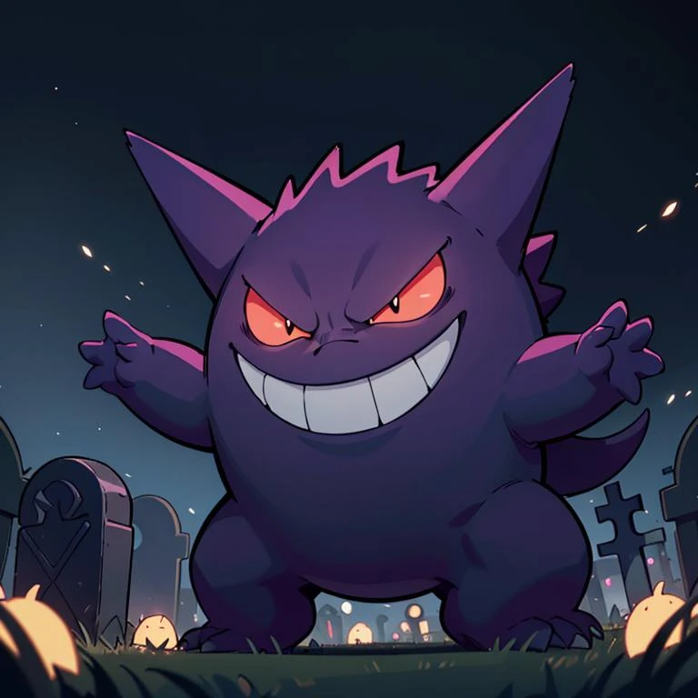 centered, award winning photo, (looking at viewer:1.2), | evil grin, Gengar_Pokemon, no humans, pokemon \(creature\), smile, dynamic pose, | graveyard, dark theme, | bokeh, depth of field, cinematic composition, | <lora:Gengar_Pokemon_Anime:0.6>