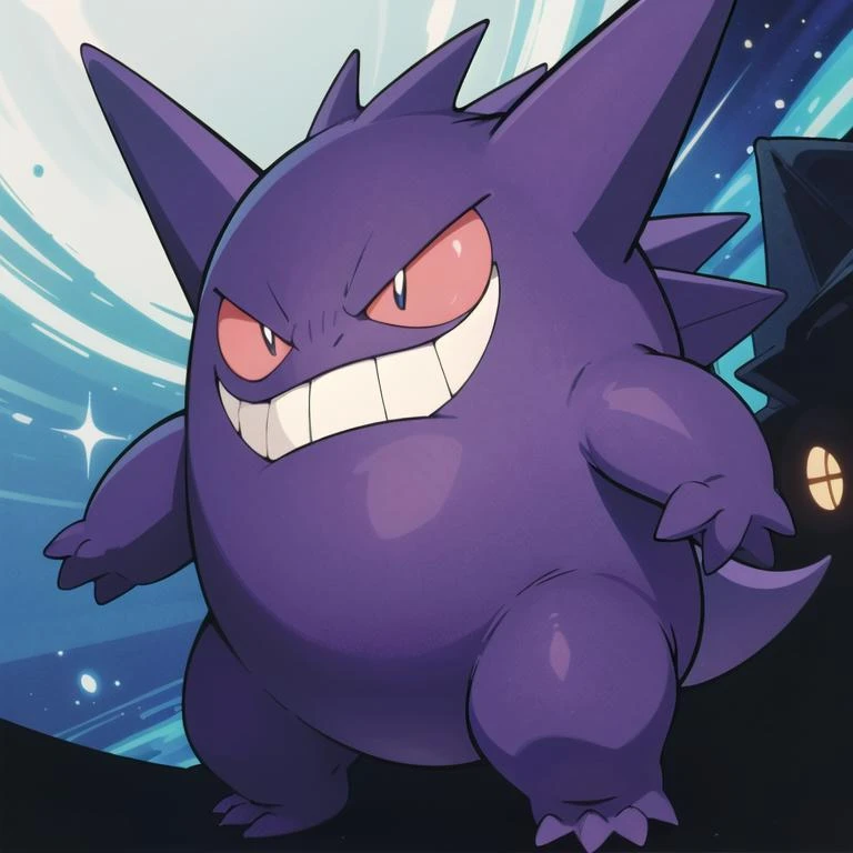 ((masterpiece,best quality)), absurdres,
<lora:Gengar_Pokemon_v2_Anime:0.7>, Gengar_Pokemon,  no humans, pokemon \(creature\),
solo, smiling, looking at viewer, 
purple theme, cinematic composition,