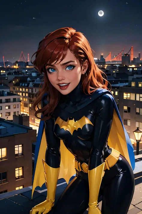 babs, red hair, blue eyes, black bodysuit,cape, looking at viewer, happy, laughing, mouth open, close up shot, 
outside, apartment roof, cityscape, night, moon, extreme detail, hdr, beautiful quality,   <lora:batgirlTNBA:.8>