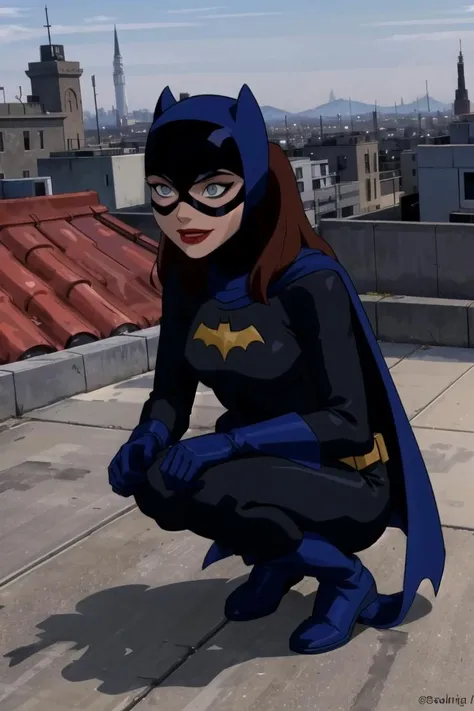  1girl, , batgirl is sitting on her knees,hot fat thighs, black lips, orange hair, belt, (torn bodysuit), black bodysuit, sideboob, pointy breasts, cape, yellow gloves,, (icy blue eyes)  open mouth,( on her knees) 