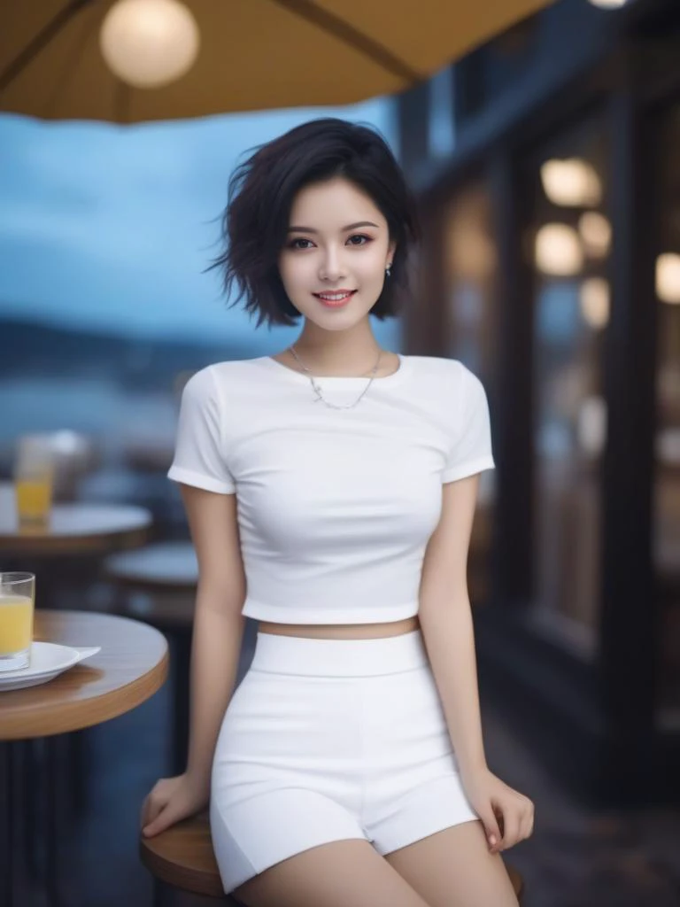 masterpiece, best quality, wall paper,<lora:sl_jim_xl:0.8>, (8k, best quality, masterpiece:1.2), (realistic, photo-realistic:1.37), ultra-detailed, 1 girl,cute, solo,beautiful detailed sky,detailed cafe,night,sitting,dating,(nose blush),(smile:1.15),(grin) small breasts,(fantasy breasts), cleavage, beautiful detailed eyes,(collared shirt:1.1), night, wet, rain, (short hair:1.2),floating hair NovaFrogStyle, cyber, future, fitness, white mini skirt, t-shirt