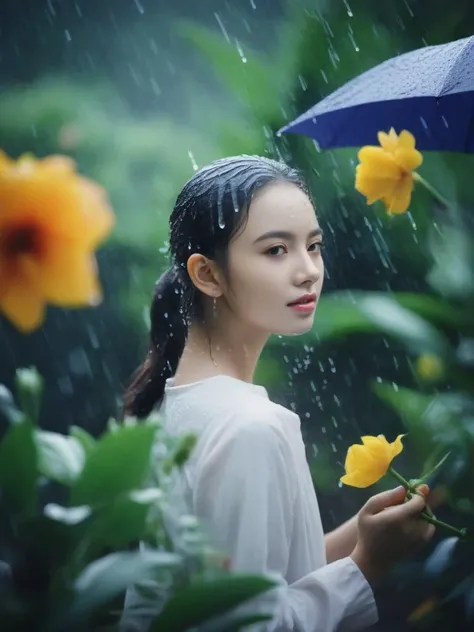 rain, in the rain, 1girl,  flower, garden, <lora:sl_jim_xl:0.8>