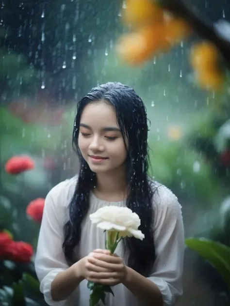 rain, in the rain, 1girl, flower, garden, <lora:sl_jim_xl:0.8>