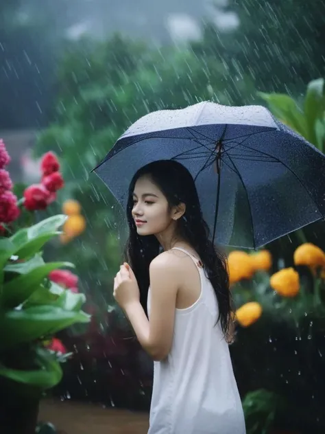 rain, in the rain, 1girl, flower, garden, <lora:sl_jim_xl:0.8>
