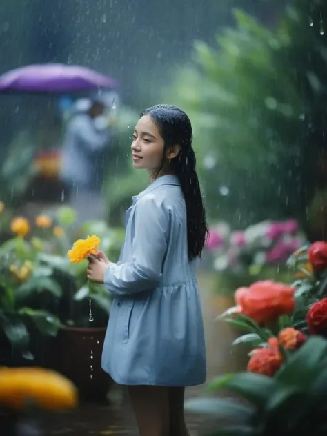 rain, in the rain, 1girl, flower, garden, <lora:sl_jim_xl:0.8>