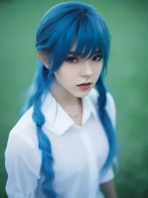 roxy migurdia, 1girl, ahoge, bangs, blue eyes, blue hair, braid, collared shirt, crossed bangs, eyebrows hidden by hair, grass, hair between eyes, jitome, long hair, long sleeves, looking at viewer, night, outdoors, parted lips, shirt, sleeve cuffs, solo, twin braids, white shirt <lora:sl_jim_xl:0.8>