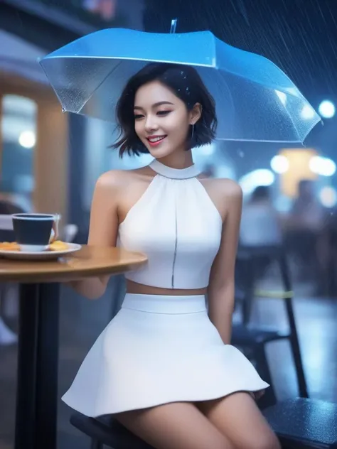 masterpiece, best quality, wall paper,<lora:sl_jim_xl:0.8> (8k, best quality, masterpiece:1.2), (realistic, photo-realistic:1.37), ultra-detailed, 1 girl,cute, solo,beautiful detailed sky,detailed cafe,night,sitting,dating,(nose blush),(smile:1.15),(grin) small breasts,(fantasy breasts), cleavage, beautiful detailed eyes,(collared shirt:1.1), night, wet,business attire, rain, (short hair:1.2),floating hair NovaFrogStyle, cyber, future, fitness, white mini skirt,