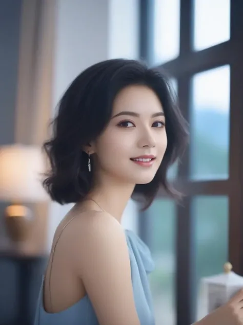 masterpiece, best quality, wall paper,(8k, best quality, masterpiece:1.2), (realistic, photo-realistic:1.37), ultra-detailed, soft light, 1 girl, cute, solo, beautiful detailed sky, detailed bedroom, open window, night, sitting, dating, (nose blush), (smile:1.15), (closed mouth) , beautiful detailed eyes, rain, (short hair:1.5),(leather jacket:0.8), floating hair NovaFrogStyle, , claevage, relaxing pose, silver hair, squinted eye, thin eyebrow, mature face, full shot body,<lora:sl_jim_xl:0.8>