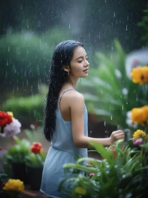 rain, in the rain, 1girl, flower, garden, <lora:sl_jim_xl:0.8>