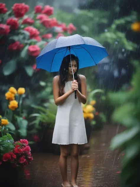rain, in the rain, 1girl, flower, garden, <lora:sl_jim_xl:0.8>