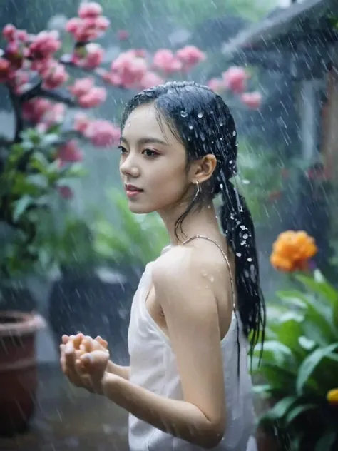 rain, in the rain, 1girl, flower, garden, <lora:sl_jim_xl:1>