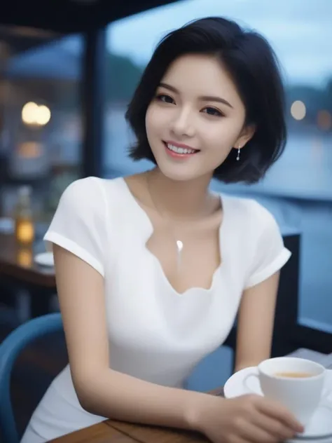 masterpiece, best quality, wall paper,<lora:sl_jim_xl:0.8>, (8k, best quality, masterpiece:1.2), (realistic, photo-realistic:1.37), ultra-detailed, 1 girl,cute, solo,beautiful detailed sky,detailed cafe,night,sitting,dating,(nose blush),(smile:1.15),(grin) small breasts,(fantasy breasts), cleavage, beautiful detailed eyes,(collared shirt:1.1), night, wet, rain, (short hair:1.2),floating hair NovaFrogStyle, cyber, future, fitness, white mini skirt, t-shirt