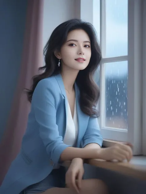 masterpiece, best quality, wall paper,(8k, best quality, masterpiece:1.2), (realistic, photo-realistic:1.37), ultra-detailed, soft light, 1 girl, cute, solo, beautiful detailed sky, detailed bedroom, open window, night, sitting, dating, (nose blush), (smile:1.15), (closed mouth) , beautiful detailed eyes, rain, (short hair:1.5),(leather jacket:0.8), floating hair NovaFrogStyle, , claevage, relaxing pose, silver hair, squinted eye, thin eyebrow, mature face, full shot body,<lora:sl_jim_xl:0.8>
