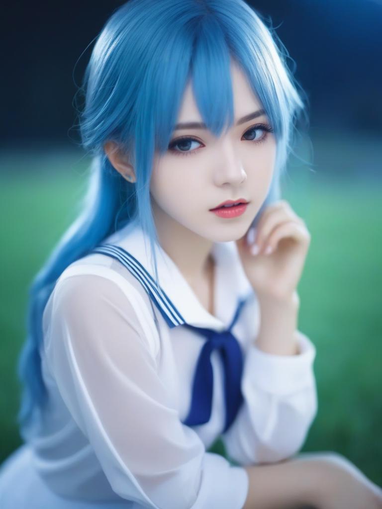 A close up of a person with blue hair and a white shirt - SeaArt AI