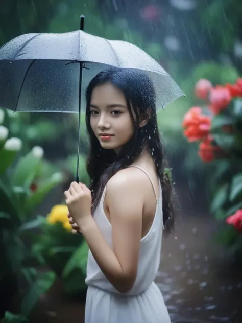 rain, in the rain, 1girl, flower, garden, <lora:sl_jim_xl:0.8>