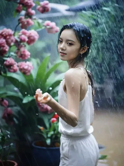 rain, in the rain, 1girl, flower, garden, <lora:sl_jim_xl:1>