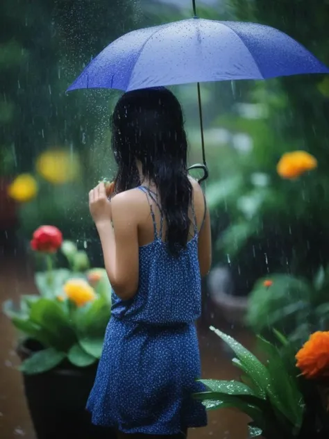 rain, in the rain, 1girl,  flower, garden, <lora:sl_jim_xl:0.8>